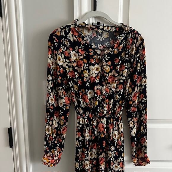 POL Floral Long Sleeve Tie-Back Ruffle Fall Dress Navy Small - Picture 3 of 7